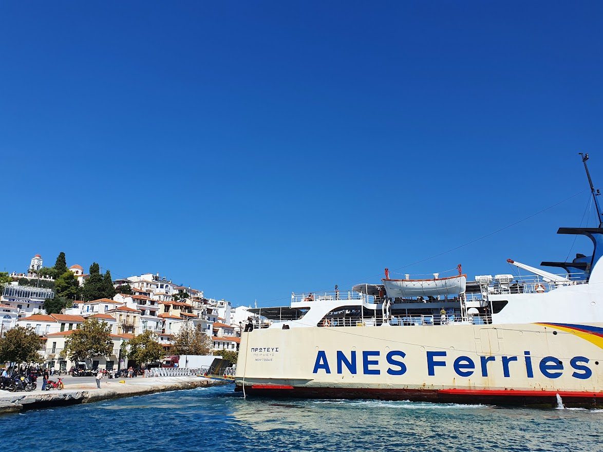 An Anes ferry arriving at the ferry port on Skiathos island