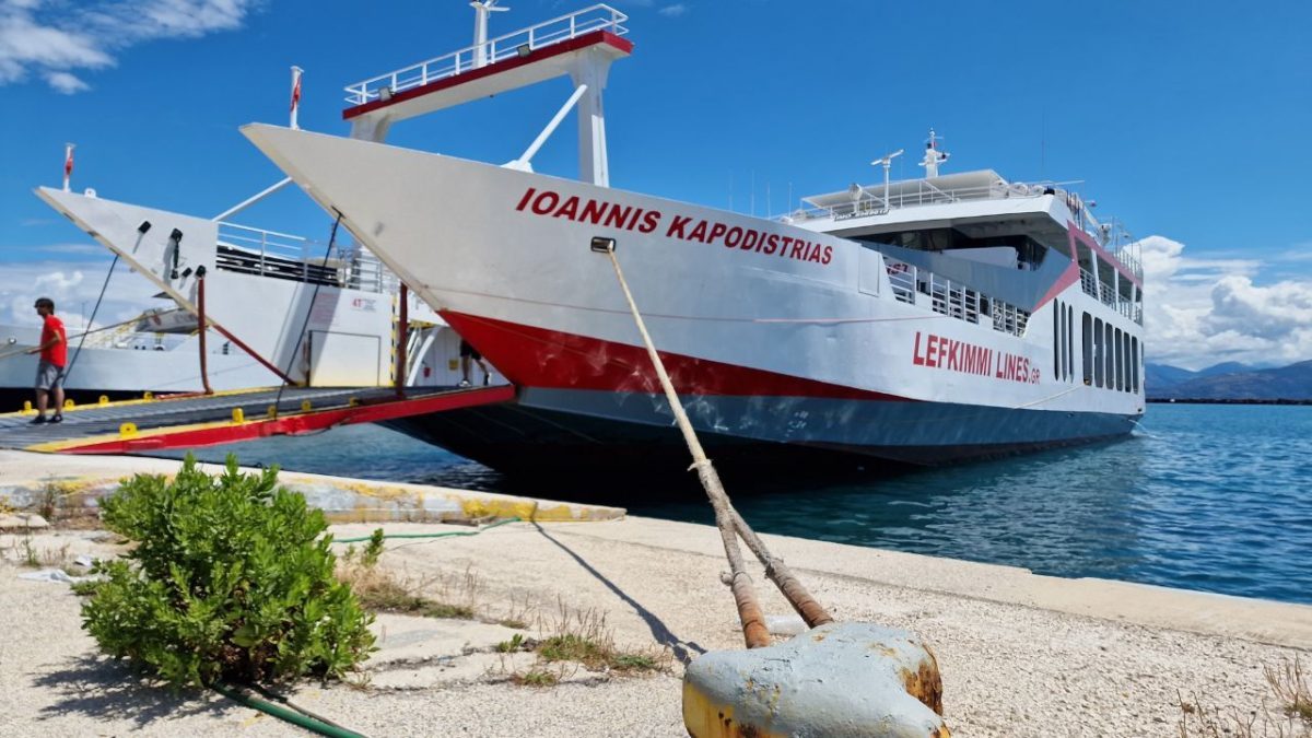 lefkimmi lines ferry at lefkimmi port in corfu